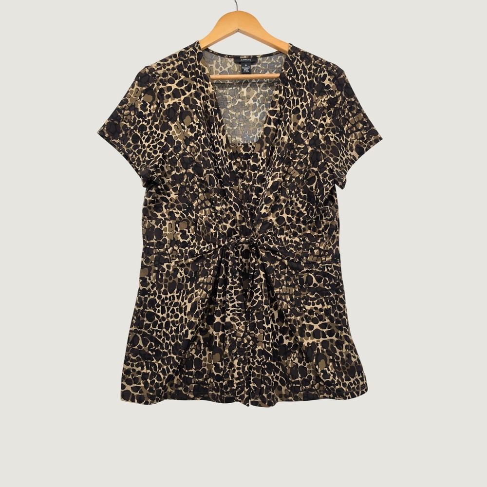 Alfani Leopard Print Twist Front Top XL Brown Animal Print Short Sleeve Blouse